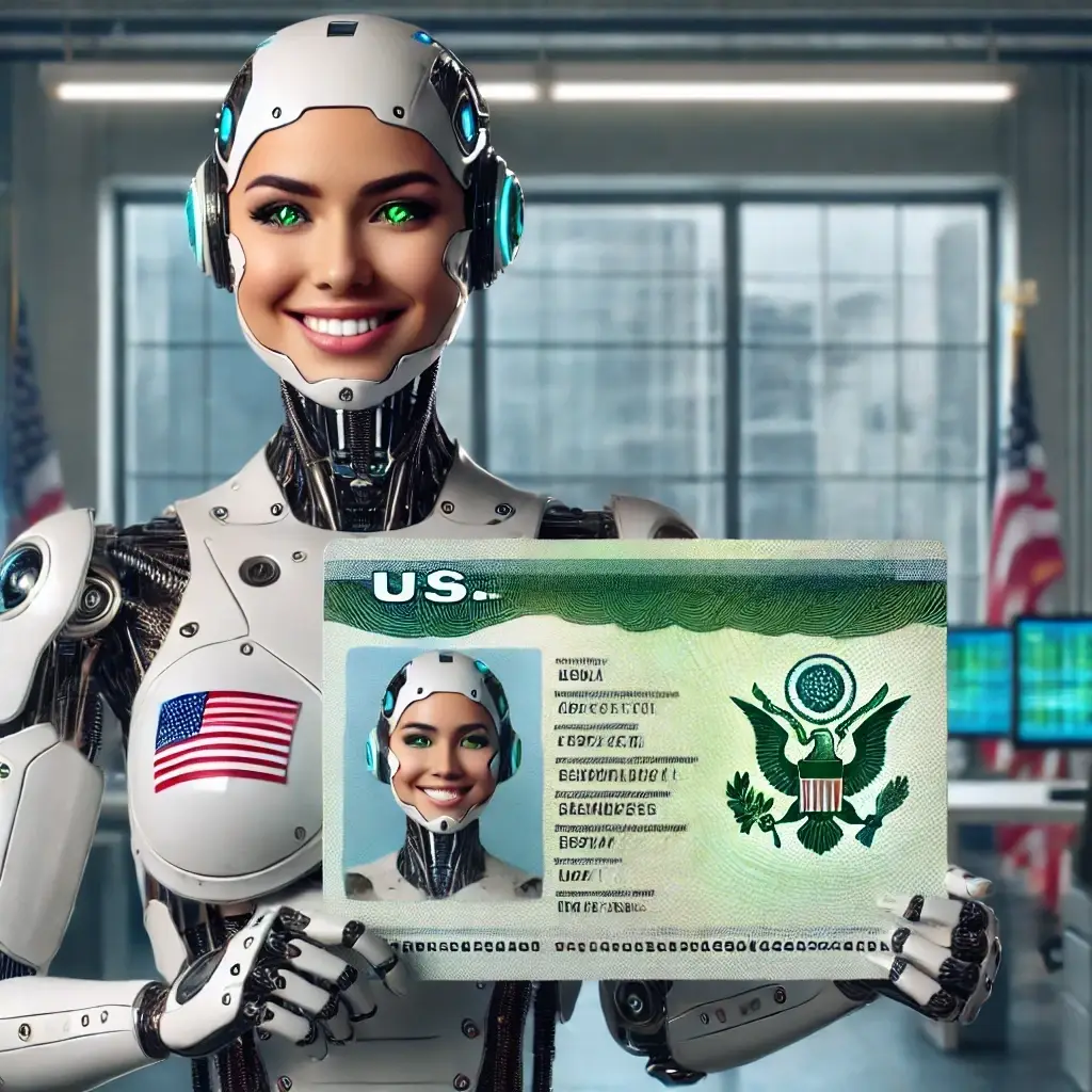 A beautiful female cyborg smiling and dressed in futuristic attire holding a large green card document with the US flag on it with the text VISA o