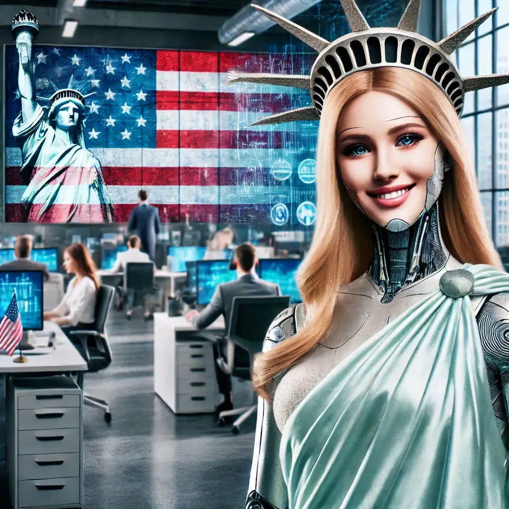 A beautiful female cyborg with a photo realistic human face smiling and dressed as the Statue of Liberty. She is standing in a professional office se