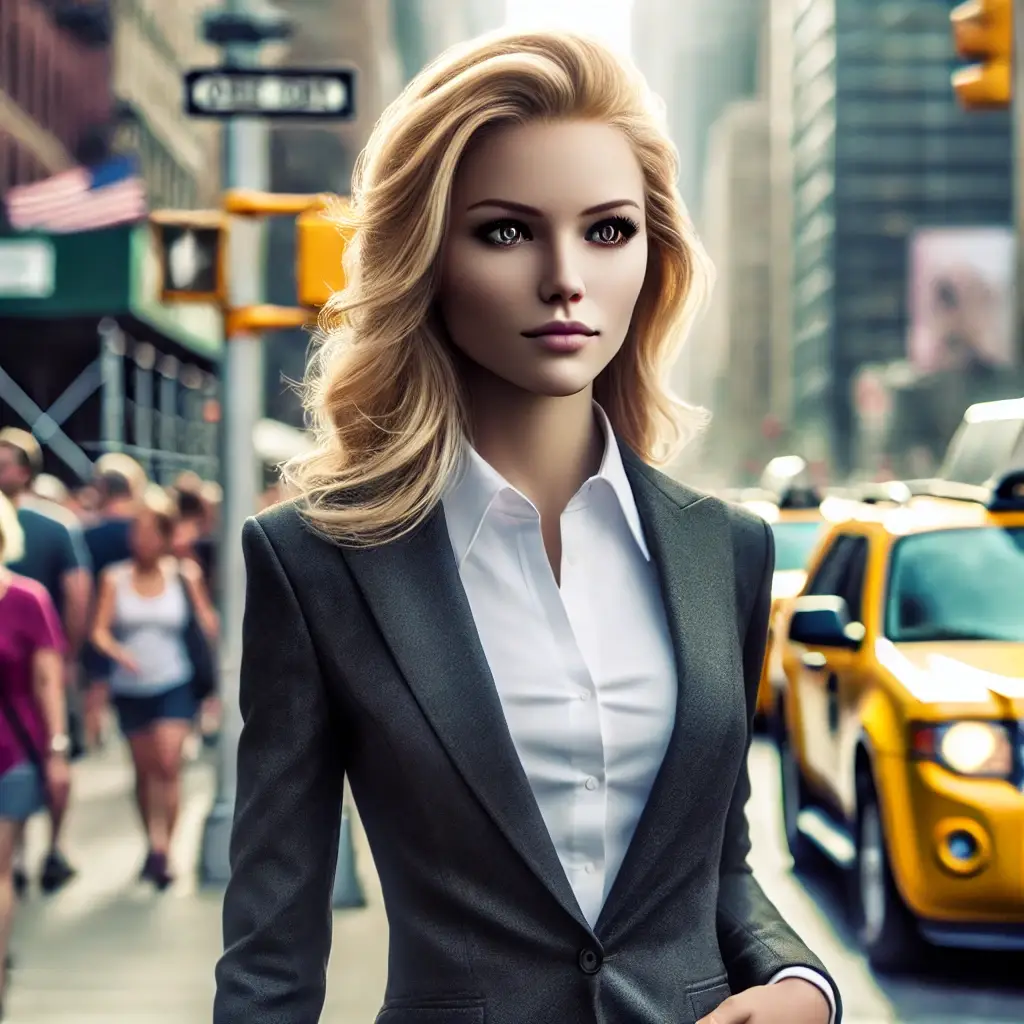 beautiful Latvian woman dressed in a business suit walking confidently down a busy street in New York City. She has a completely human head with b